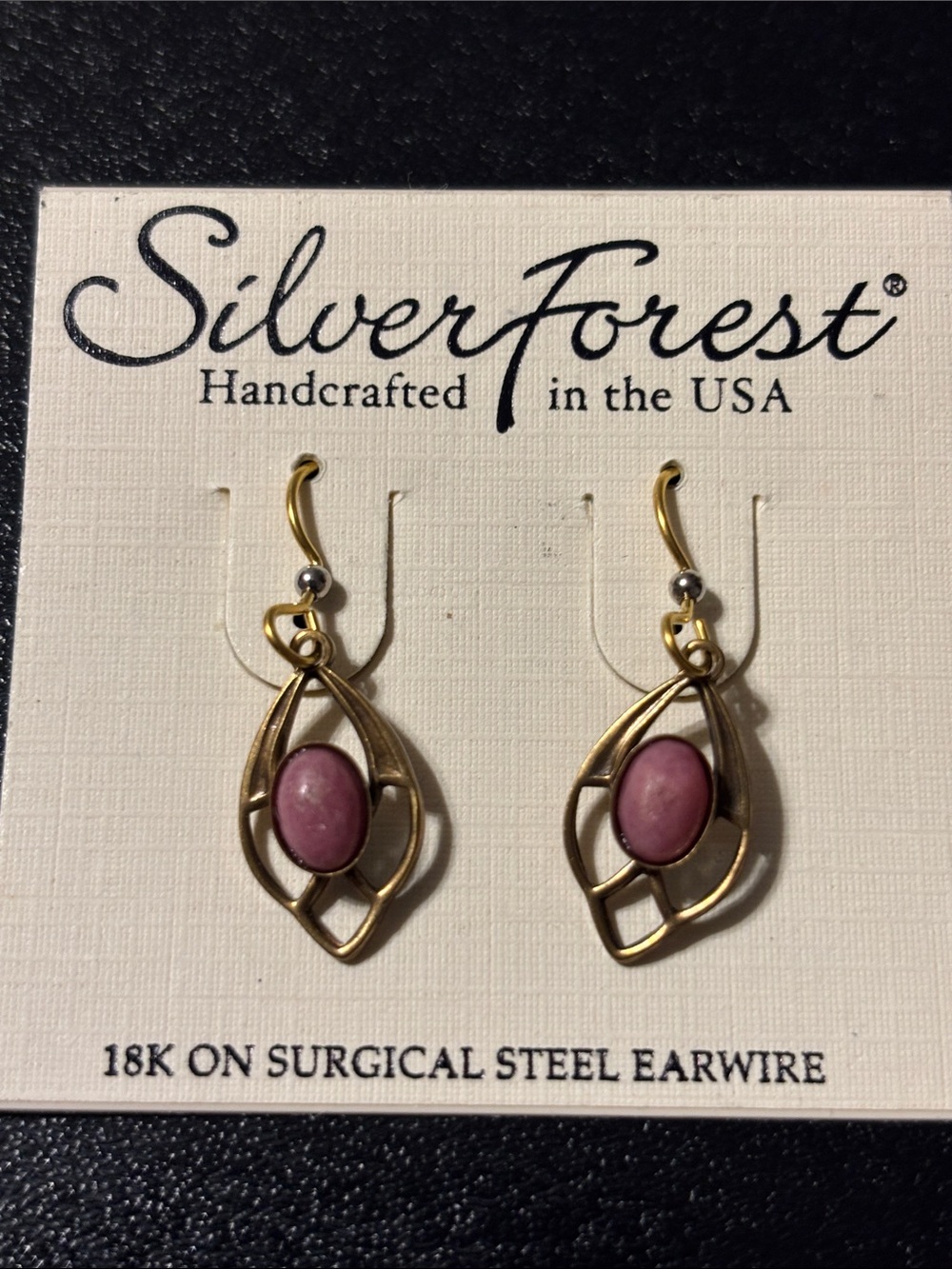Silver Forest Gold-Tone Open Teardrop Earrings Pink Stones Fairytale Romantic